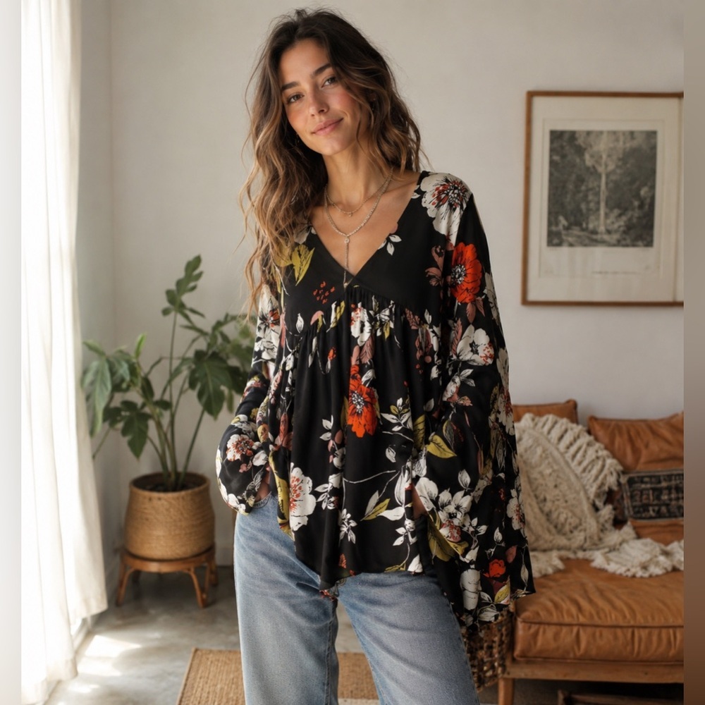 Free People Black and White Asymmetrical Bell Sleeve Tunic